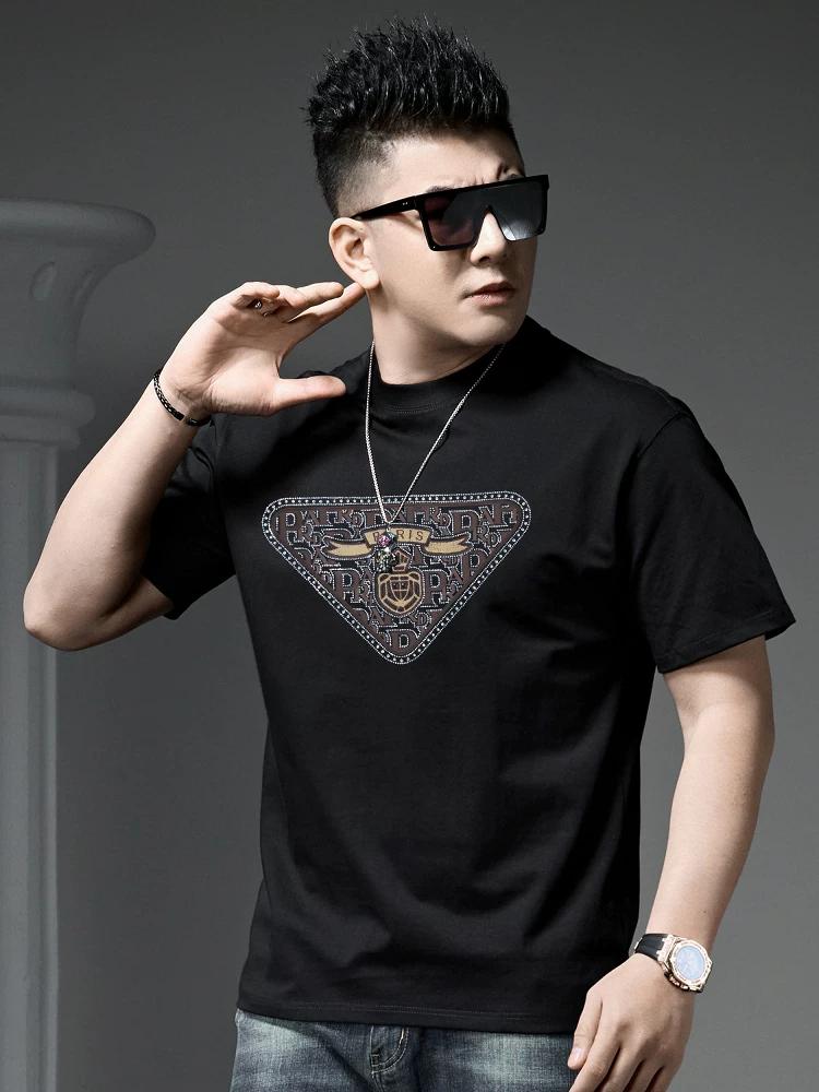 European Goods Fashion Brand High end Hot Drilling Print Short sleeve T-shirt Men's 2025 New Summer Loose Casual Half Sleeve T-shirt