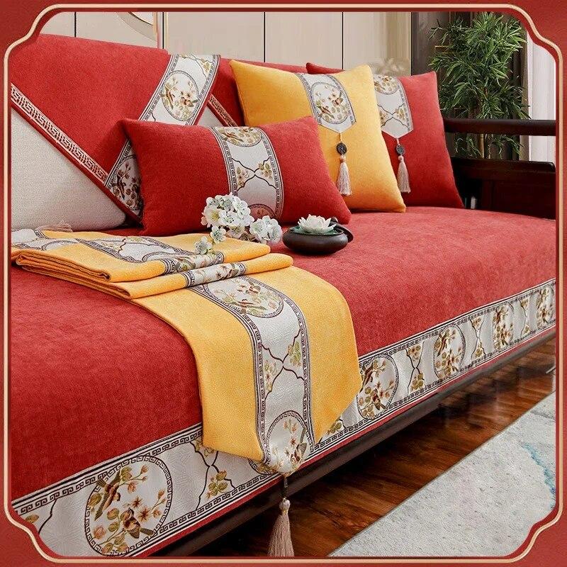 Kinesisk Broderi Fugl Kant Sofapute Chenille Sofatrekk Fire Sesonger Universal Sofahåndkle Sofa Sklisikker Pute Trekktrekk
