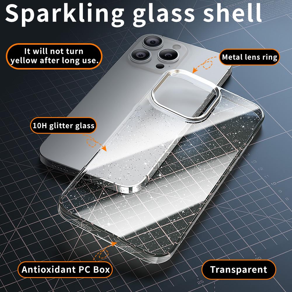 

For iPhone 16 Pro Max Case PC+Glitter Glass Protective Phone Cover Transparent