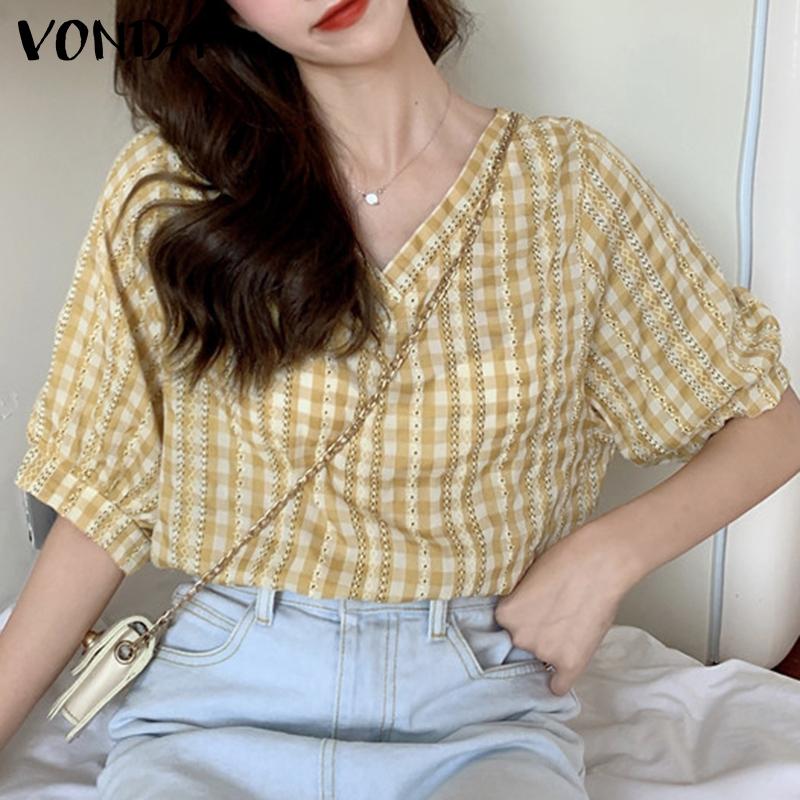 

Летние женские повседневные клетчатые топы VONDA с ​​короткими рукавами и V-образным вырезом