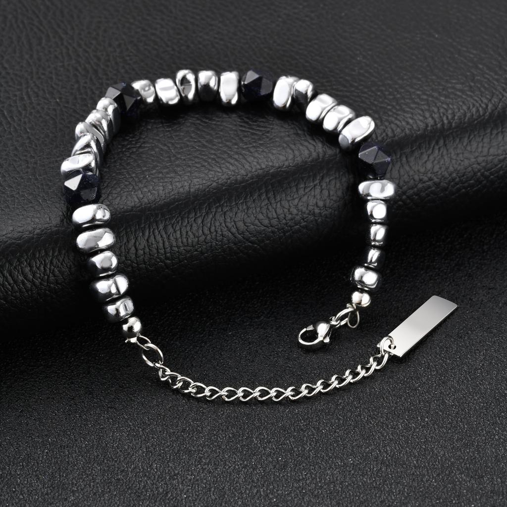 Fashion Hiphop Irregular Beaded Natural Stone Bracelets, Simple Vintage Stainless Steel Adjustable Bracelet for Men Jewelry