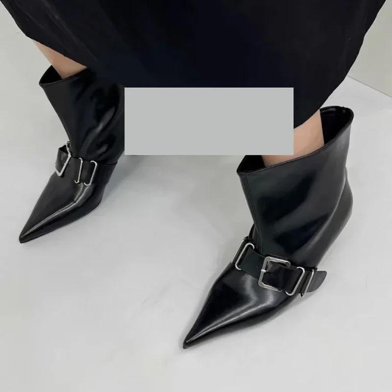 Pointed Toe Metal Buckle Strap Short Boots for Female Women Thin High Heel 2024 New Leather Fabric Elegant Sexy Winter Shoes