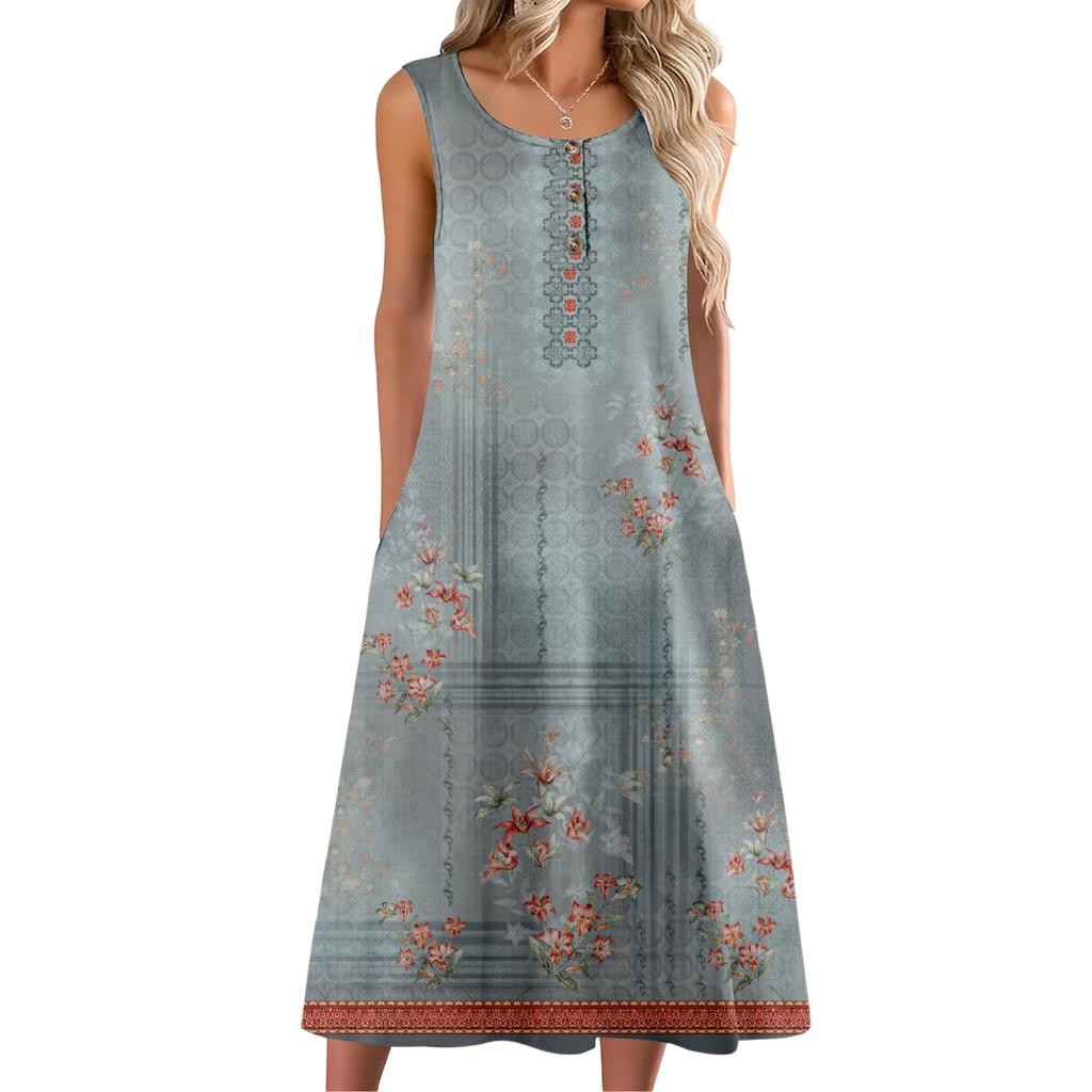 Women's Fashion Casual Sleeveless Button Floral Print Dress with Pocket