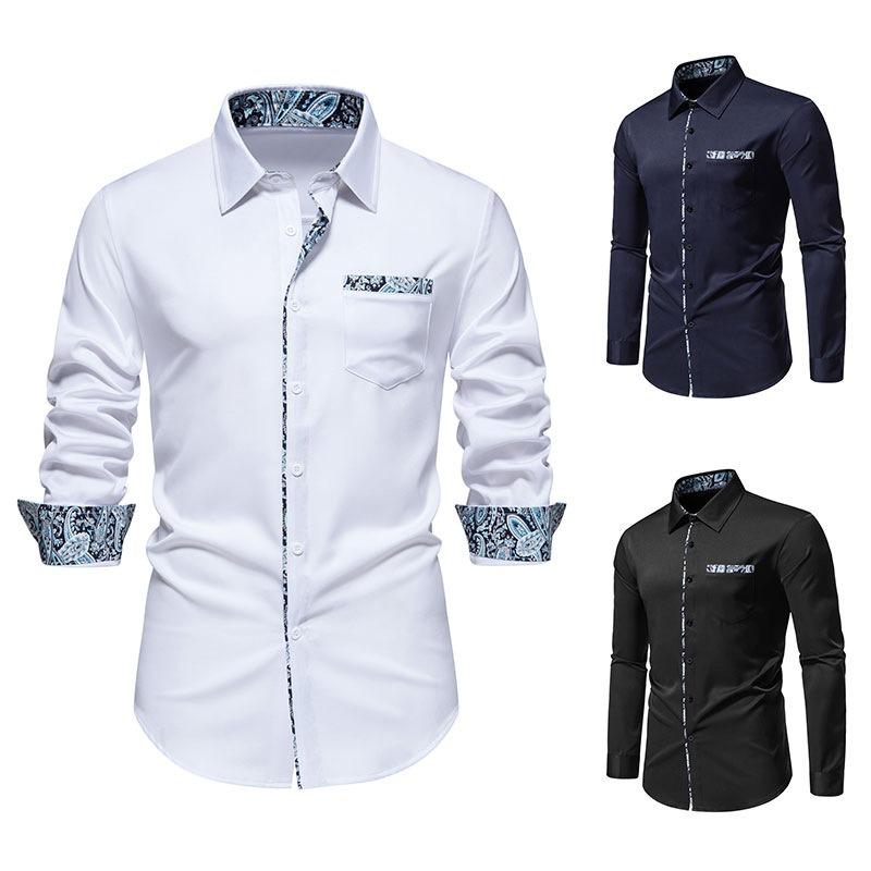 Spring Men's Fashion Triangle Neck Cashew Flower Color Blocked Long Sleeved Shirt for Men Shirts (men’s)