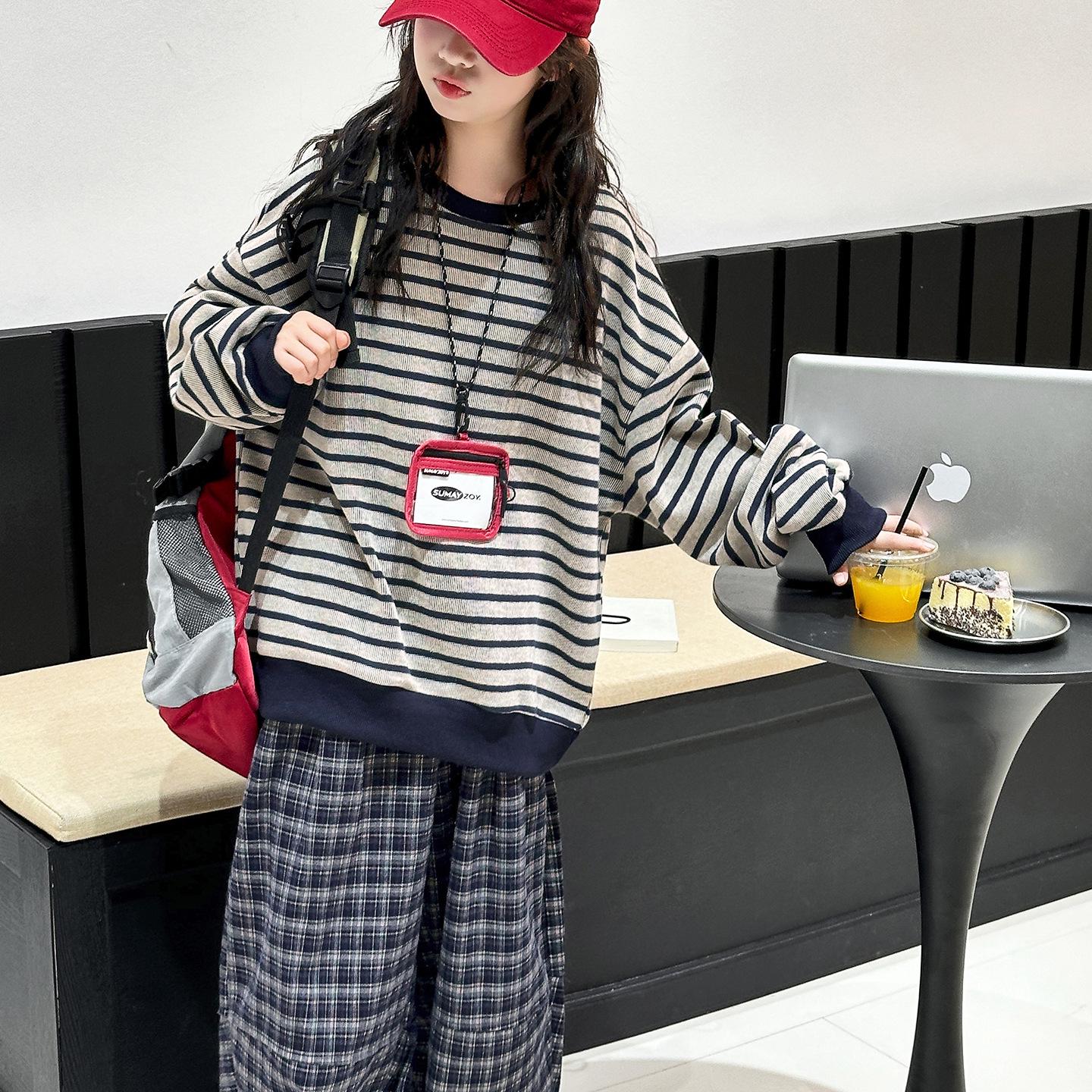 

2025 Autumn Girls Striped Sweatshirt & Plaid Pants Set - Korean Student Fashion, Casual Two-Piece 170 cm