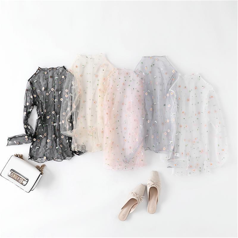 Women T Shirt See Through Transparent Mesh Tops Long Sleeve Sheer Turtleneck