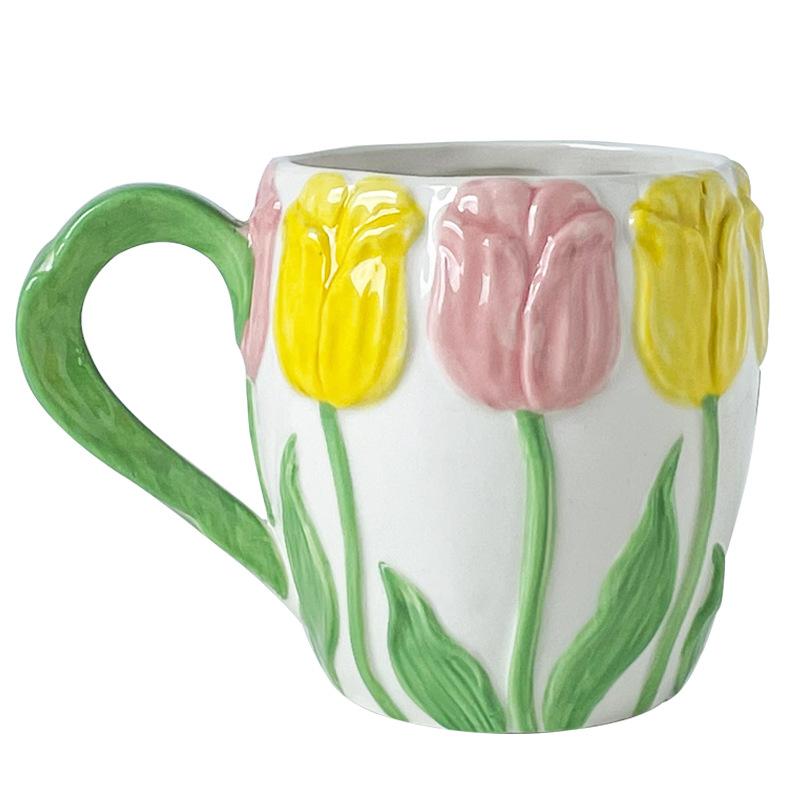 Tulpe Relief Handbemalte Tasse Exquisite Tasse Wasserbecher Mädchen Keramik Kaffee Milch Tee Koreanischer Stil Tasse