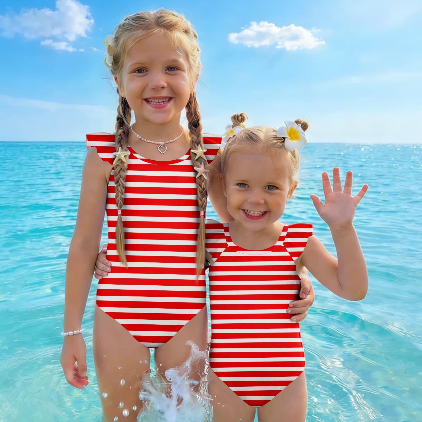 

Girls One Piece Swimsuit Striped Print Ruffle Shoulder Design Comfortable Fit Lightweight Fabric Suitable for Summer Beach Pool Activities 130