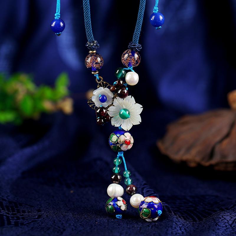 Chinese style retro short collarbone chain freshwater pearl agate glazed classical pendant simple temperament necklace women