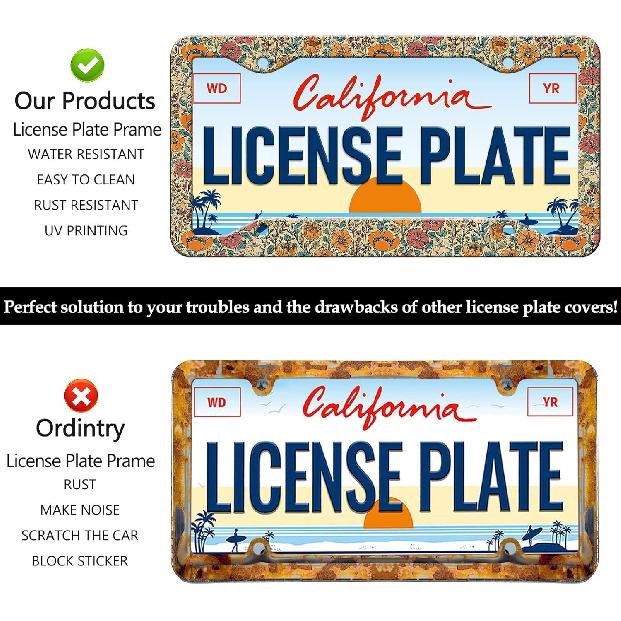 Floral Print License Plate Frames - 2 Pack Beautiful Vintage Flower License Plate Frame Holder Covers, Aluminum Metal Rust-Proof Waterproof Car Tag