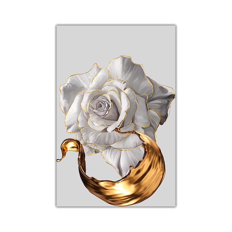 White Rose Flower Golden Ink Splash Abstract Poster Nordic Art Plant Canvas Painting Modern Wall Picture for Living Room Decor