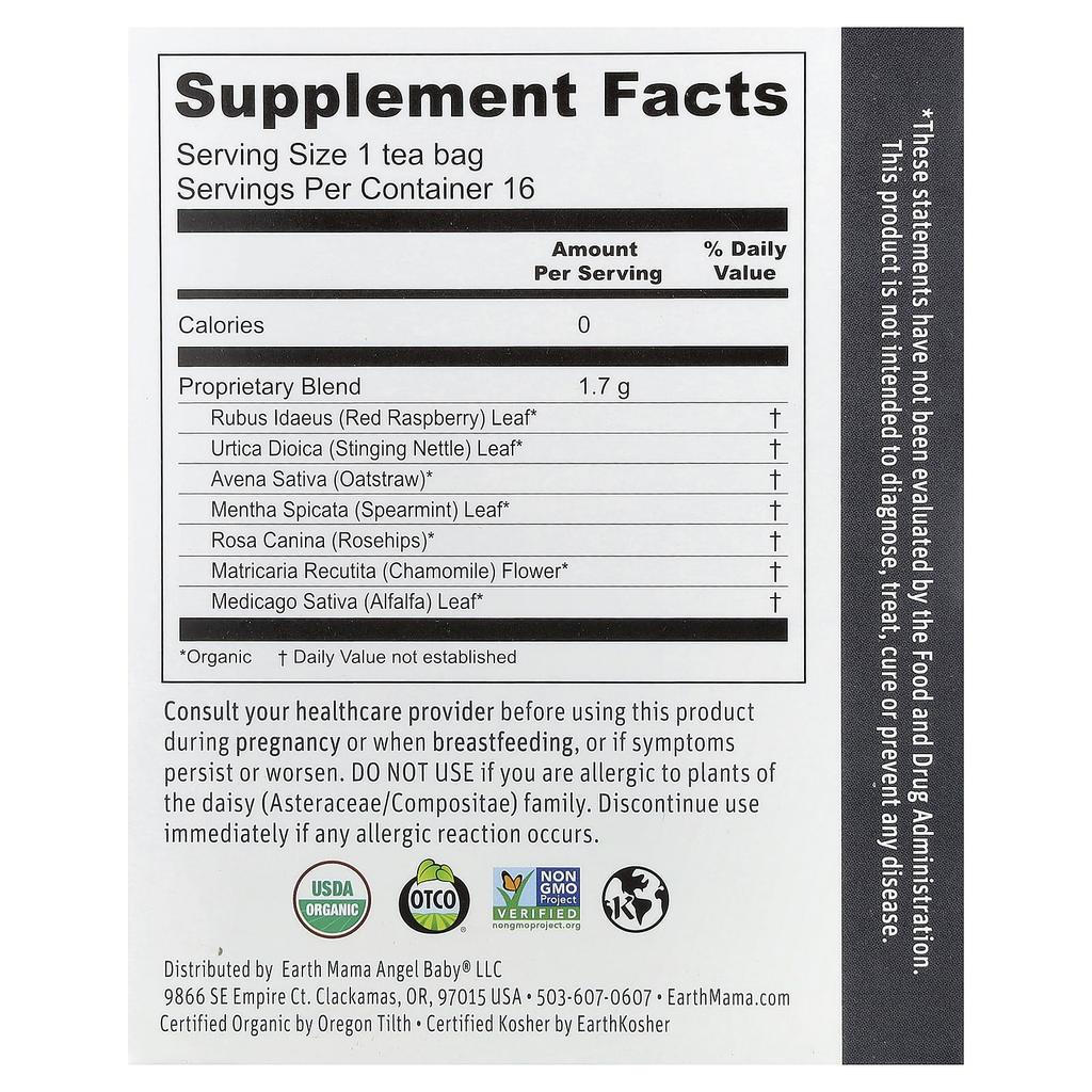 Earth Mama, Organics, 100 Organic Reviews Tea, Mint, Caffeine Free, 16 Tea Bags, 27.2g (0.96oz)