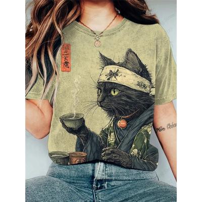 Anime Cat Samurai 3D Print Vintage Graphic T-shirt Women Fashion Casual Oversized Short Sleeve Tops Tees Ladies Clothes Animal