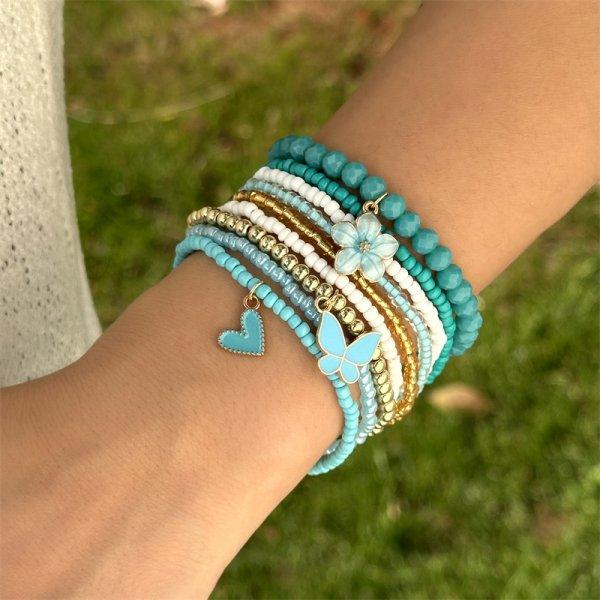 4 pièces/ensemble Bracelets Bohème Coquillage pour Femmes Style Ethnique Zircon Coloré Perles de Riz Chaîne Métallique Joncs Fille Été Bijoux de Plage
