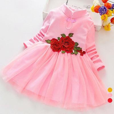 Kids Girls Embroidery Rose Long Sleeve Wedding Birthday Party Princess Dress Children Retro Net Patchwork Tutu Dresses