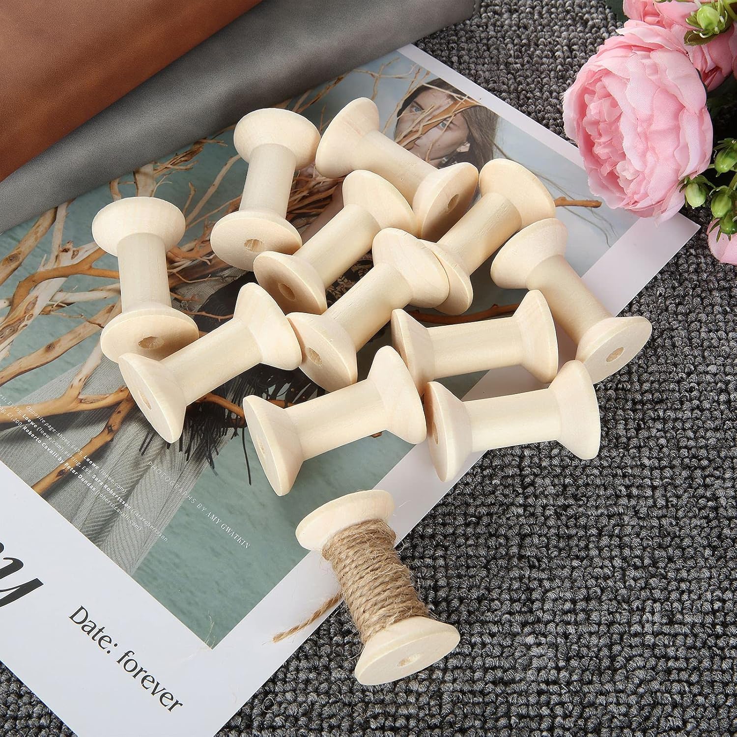 PETTYOLL 40PCS Wooden Spools for Crafts, 1.2 x 2 Inch Unfinished Wood Spools, Splinter - Free Empty Thread Spools for Crafts and Art