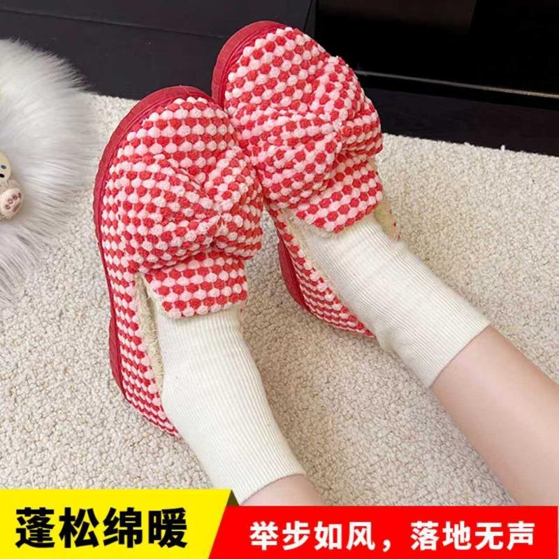 New winter home shoes plaid cute bow cloth shoes non-slip thickened casual lightweight wear-resistant indoor cotton shoes