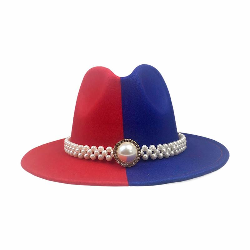 

Fedora Hat Women Two-Tone Felt with Pearl Belt Wide Brim Summer Panama Hat Vintage British style Trilby Party Formal Panama Cap 56-58CM