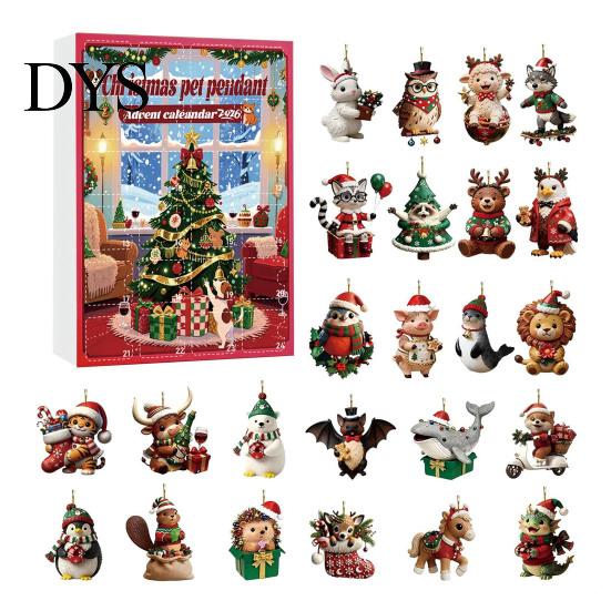 Christmas Box 2026 Advent Calendar, 24 Days Countdown Calendar with 2D Acrylic Holiday Dog/Horse/Cat/Animals Pendants, Mini Animal Hanging Ornaments