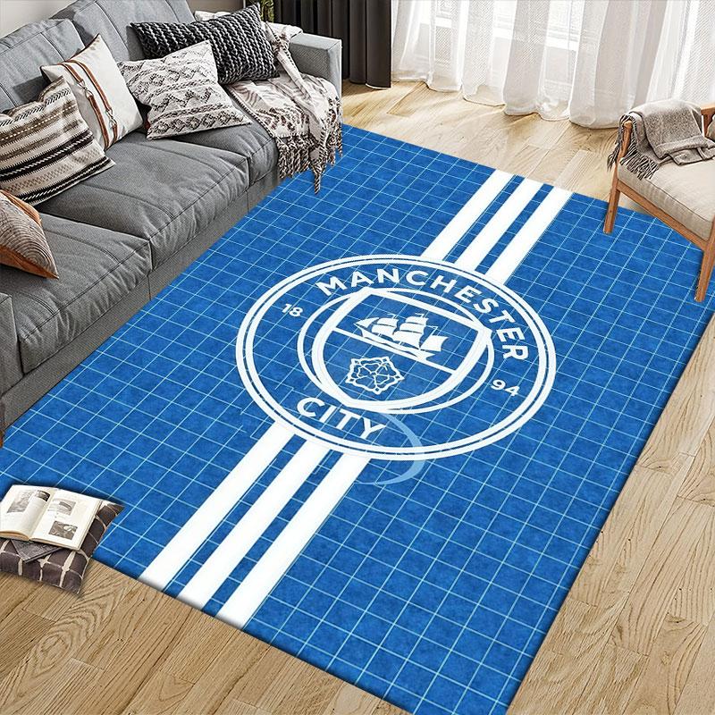 Man City Flannel Printed Carpet, Home Sofa Decoration for Living Room & Bedroom, Non‑Slip Play Flannel Floor Mat for Game Room