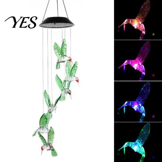 Solar Hummingbird Light Decor Wind Chime Light, Color Changing Powered Chime, with Panel Hanging LED Lamp for Outdoor, Garden, Courtyard