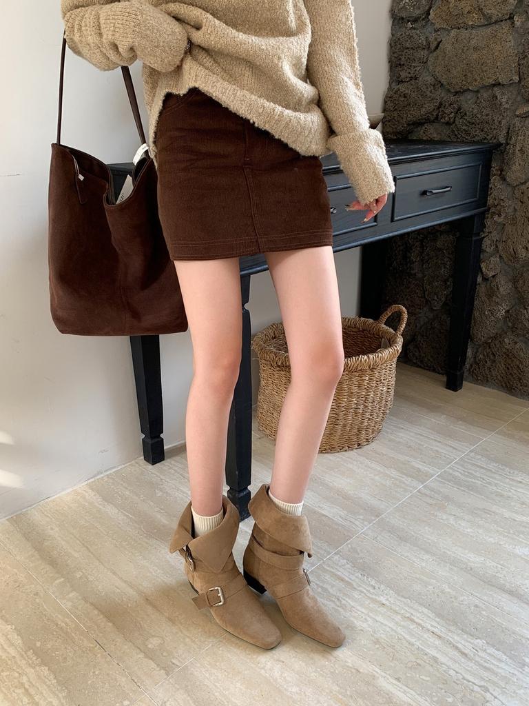 Coarse heel retro suede skinny short boots women's shoes 2025 new autumn and winter brown Martin boots French western ankle boots