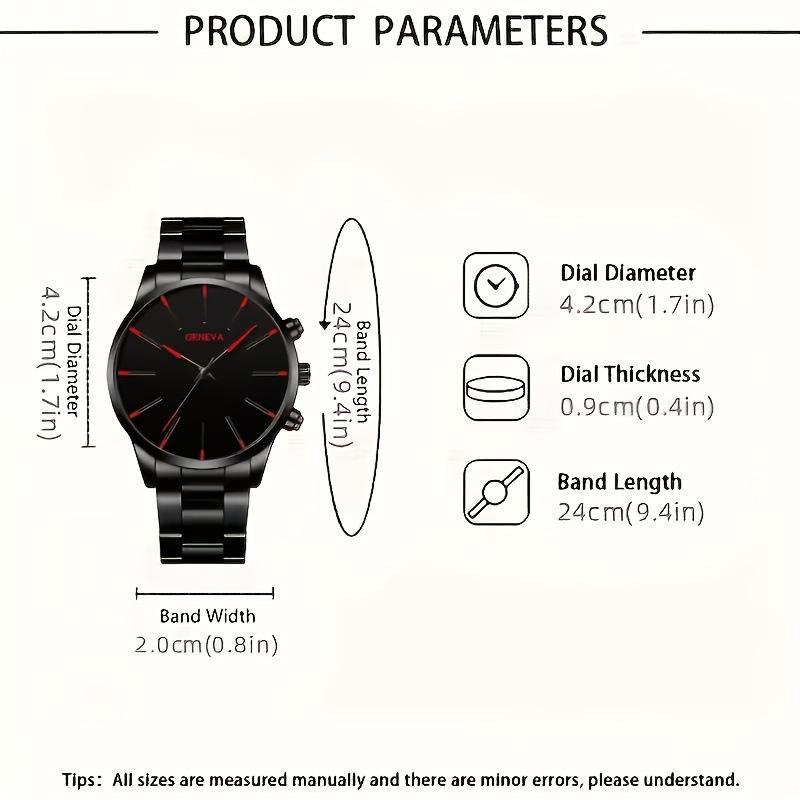 4-Piece Cuban Chain Business Fashion Men'S Steel Belt Simple Scale Quartz Watch Bullet Necklace Set