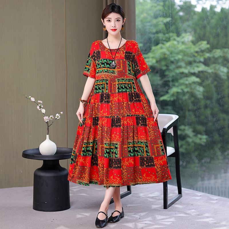 Plus Size Floral Dresses for Women  Oversize Loose Short Sleeve Summer Long Dress Middle-aged Women Summer Sundresses