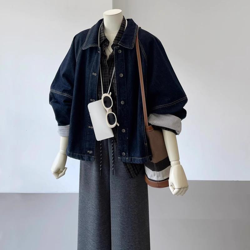 Manteau en Denim Vintage Femme Printemps Automne Mode Veste en Jean Courte Décontractée Manches Splicing Ample Cowboy