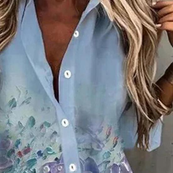 Lady Shirt Butterfly Print Turn-down Collar Single-breasted Artistic Spring Top for Daily Wear
