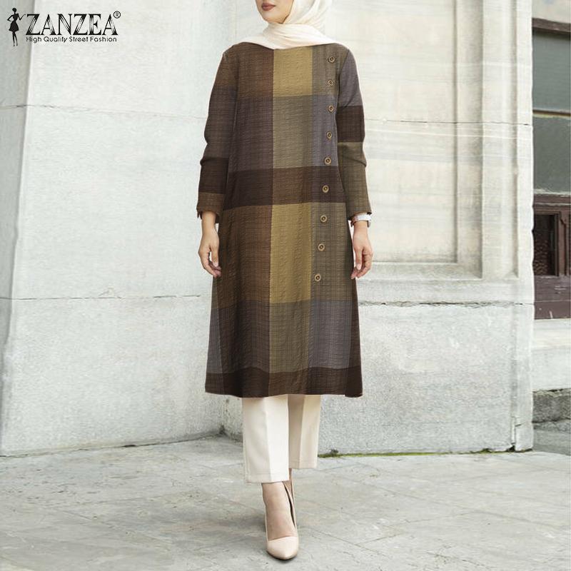 

ZANZEA Повседневная женская блузка с длинным рукавом в клетку с круглым вырезом и принтом