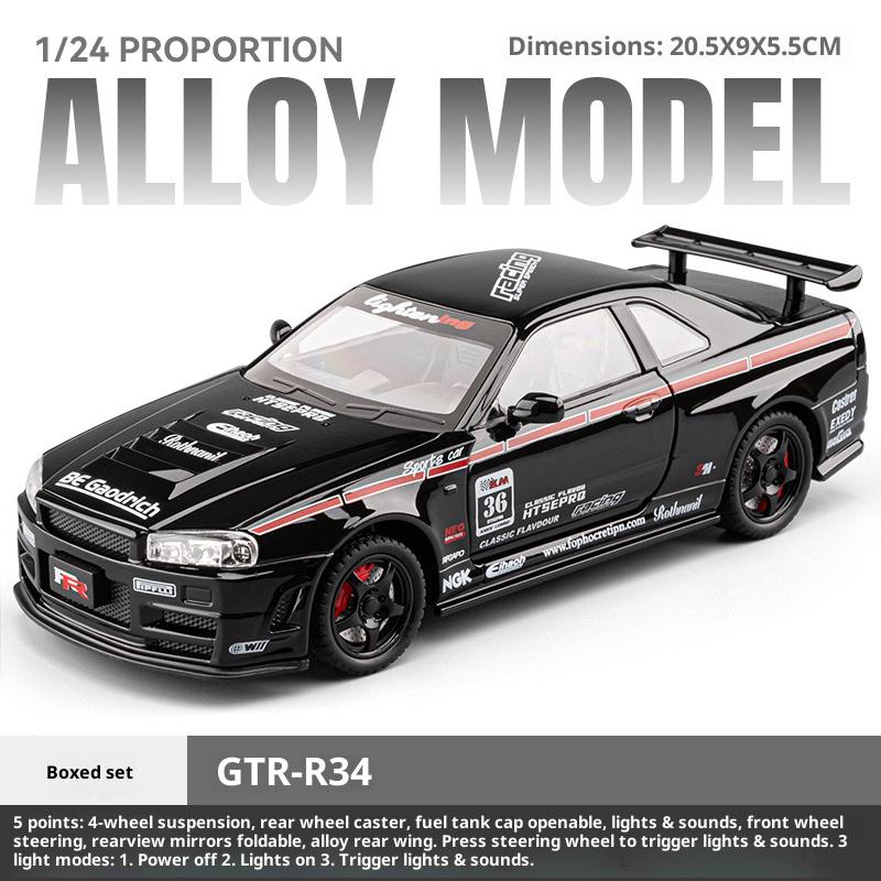 Simulation 1/24 Nissan GTR Alloy Racing Car Model with Sound Light Collection Miniature Voiture Toy Vehicle Children Boy Gift