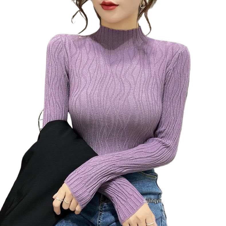 Autumn/Winter Women's Slim Fit Long-Sleeve Knitted Sweater with Semi-High Collar