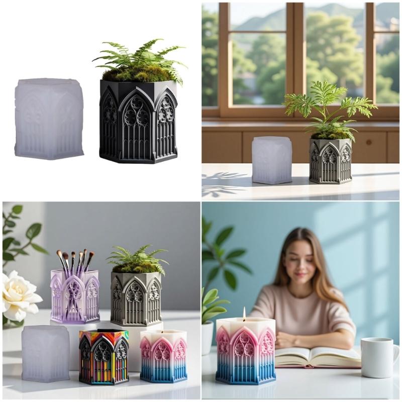 Decorative Silicone Candle Cup Mold For Handmade Resin Church Window Shape Planters Flower Pots Gift Giving