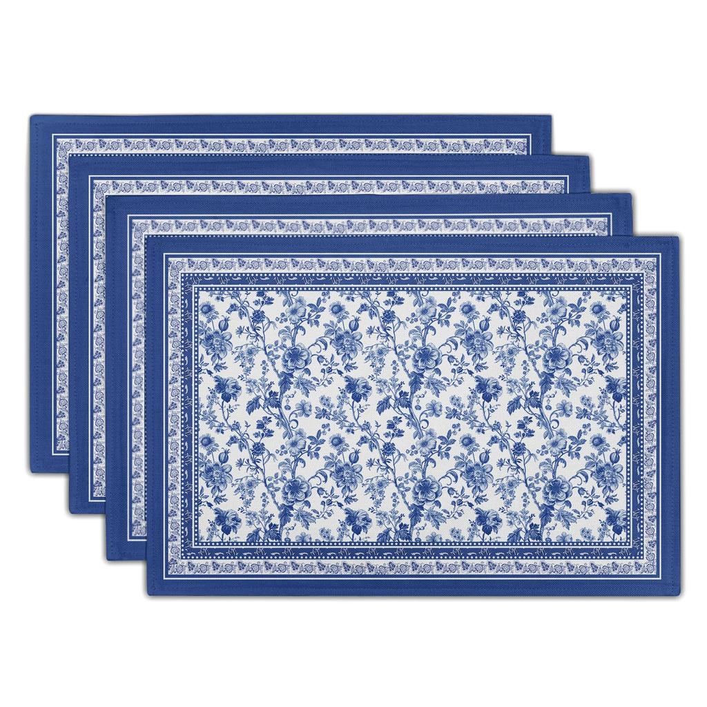 Watercolor Floral Placemats Set of 4 Blue Yellow Poppy Flowers Washable Non-Slip Heat Resistant 12×18 Inch Spring Summer Seasonal Linen Fabric Table M