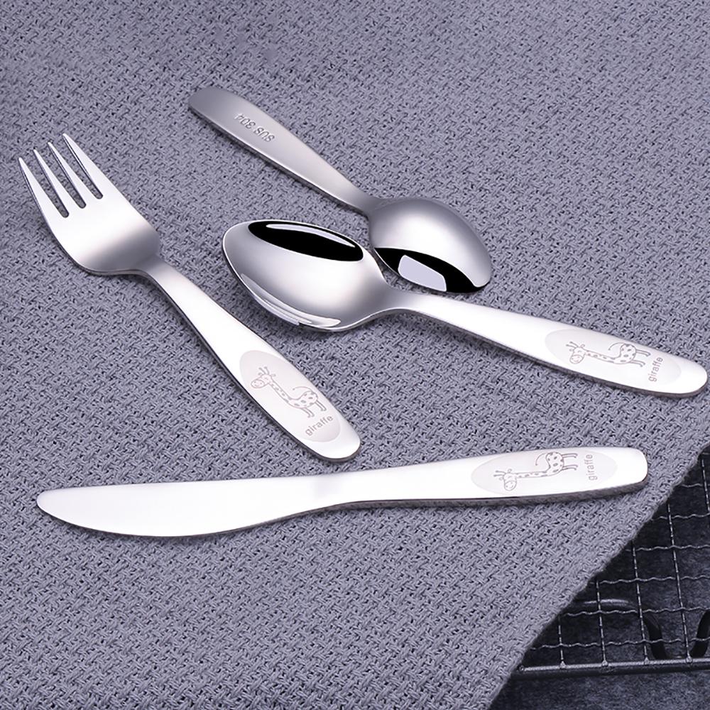 Children's Cutlery Tableware Stainless Steel Cartoon Giraffe Child Fork Knife Spoon Kids 4pcs Dinnerware Sets For Home Kitchen
