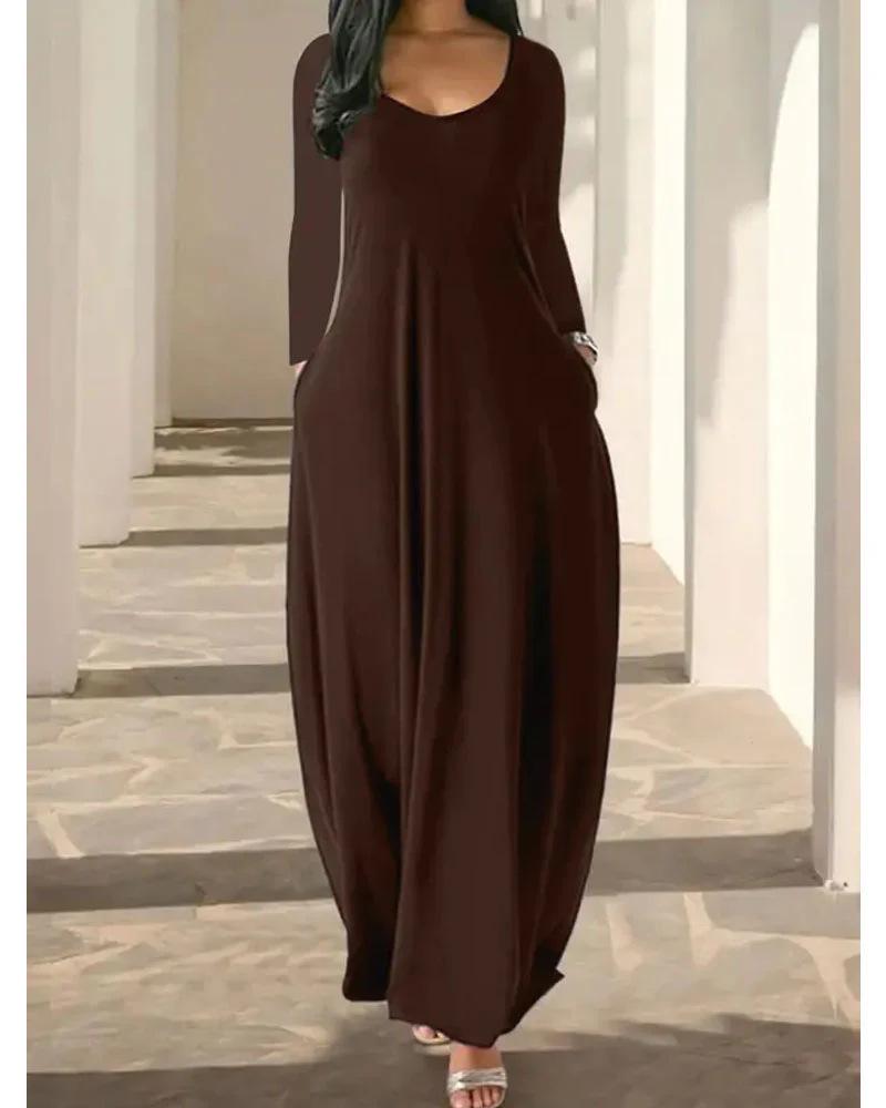 

2021 European Summer Plus Size Solid Color Deep V-Neck Short Sleeve Long Dress with Pockets L