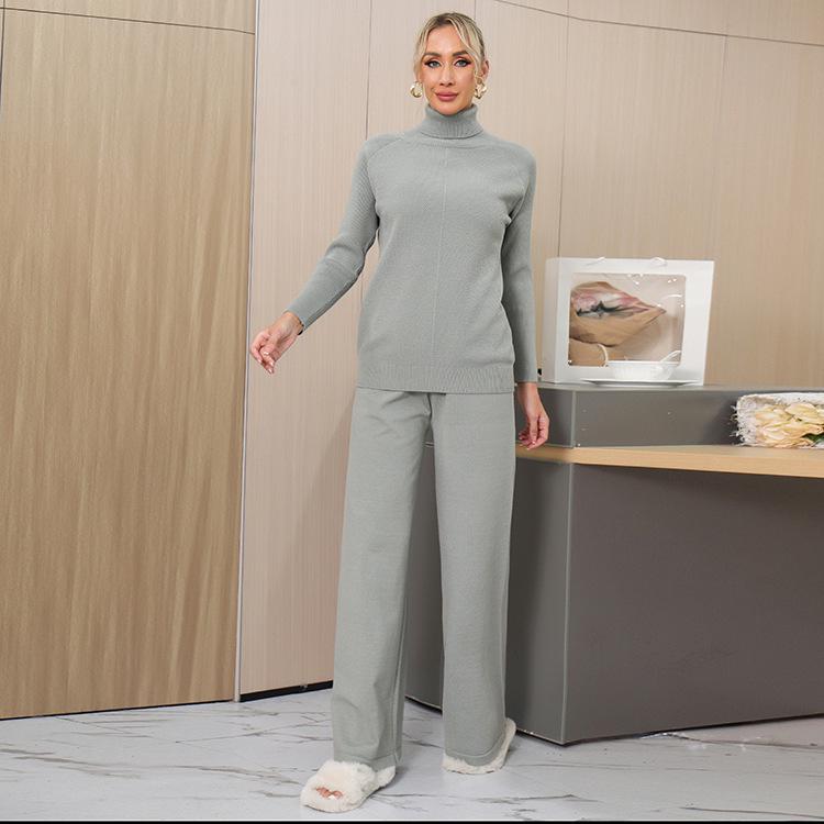 Solid Color High Neck Sweater & Wide Leg Pants Set - Women's 2024 Autumn/Winter Two-Piece