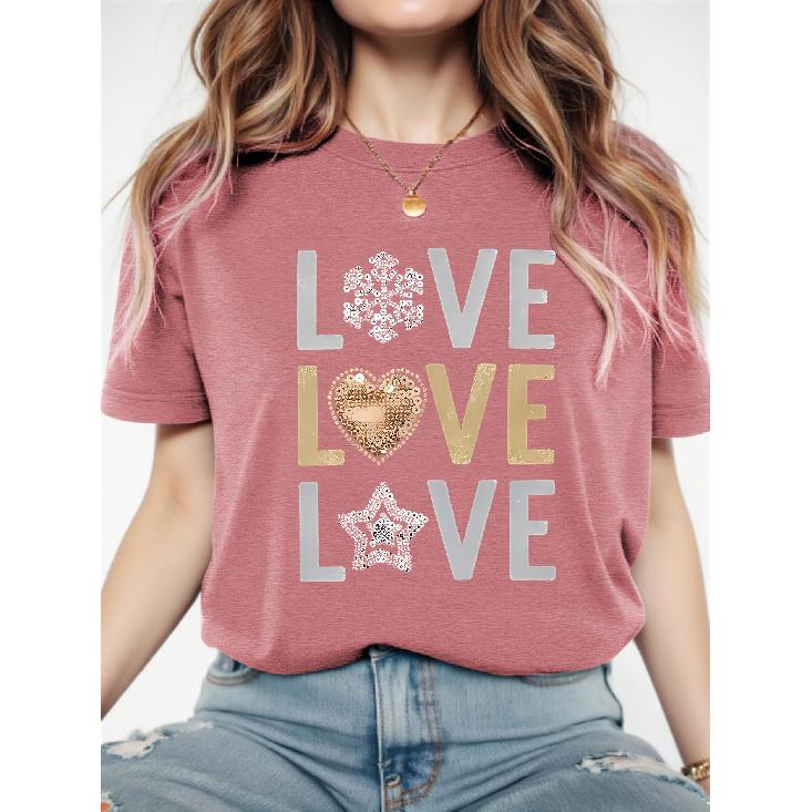 Single-piece women s summer dress with round neck and short sleeves T Shirt Snowflake/Love/Star sequins LOVE Printed casual loose-fit shirt Soft and S кирпич красный
