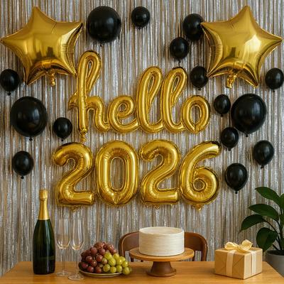 7pcs Hello 2026 New Year Aluminum Foil Balloon Set Rose Gold Conjoined Letters & Numbers for Party Decor Holiday Celebration