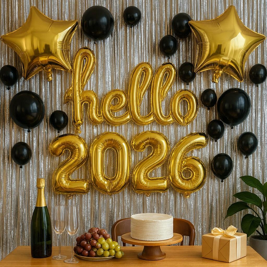 7pcs Hello 2026 New Year Aluminum Foil Balloon Set Rose Gold Conjoined Letters & Numbers for Party Decor Holiday Celebration