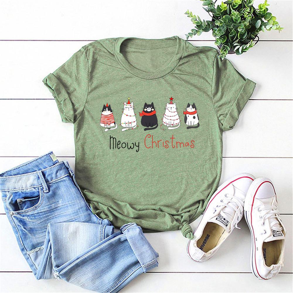 Meowy Christmas Shirt Christmas Cat TShirt Merry Christmas Cat Lover Tees Cute Cat Graphic Tee Christmas Gift for Cat Mom Tops