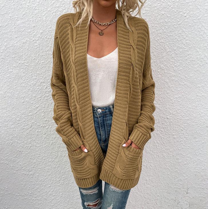 Autumn and winter loose casual twist knitted cardigan European and American pocket medium and long sweater jacket