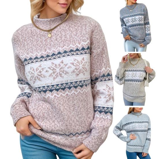 Winter Women Christmas Sweater Half-high Collar Color Matching Snowflake Pattern Long Sleeve Knitwear Thick