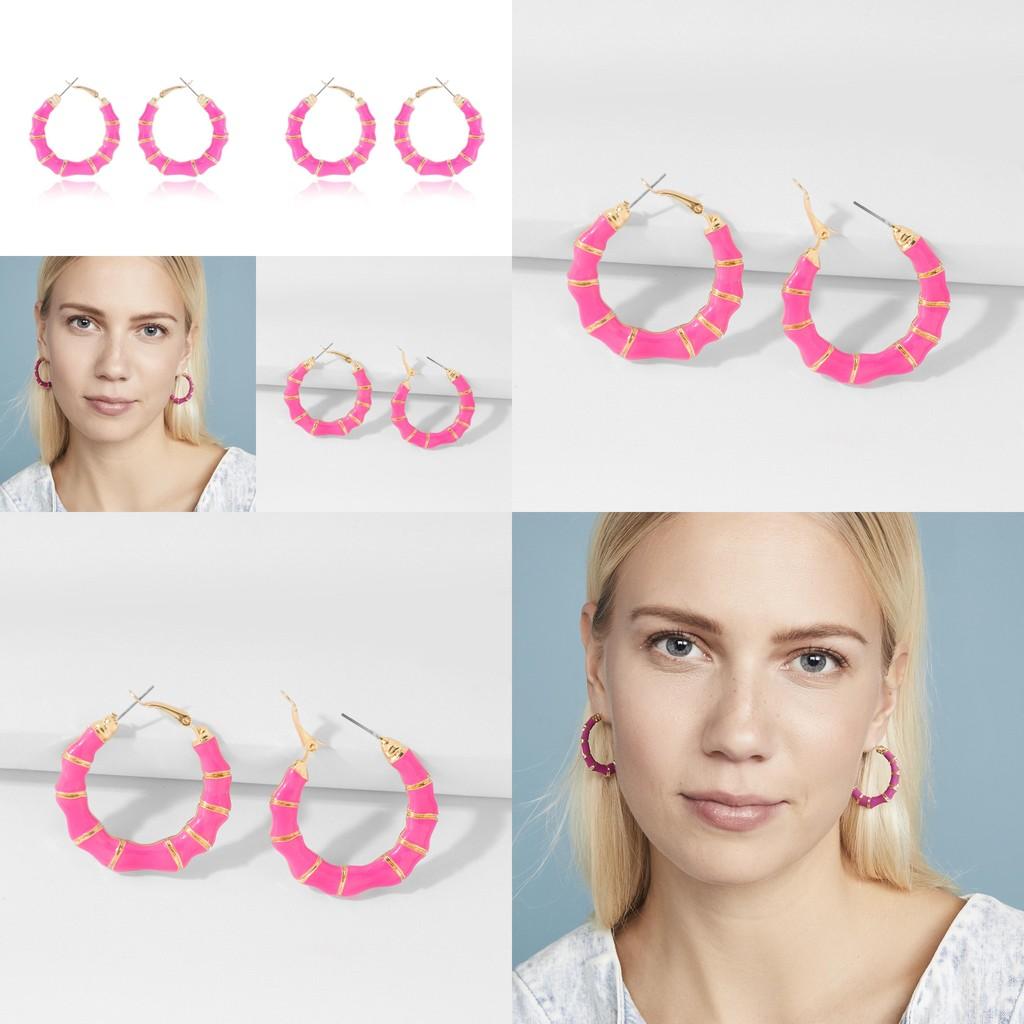 Fashionable Exaggerated Pink Bamboo Hoop Earrings For Women 2021 Summer