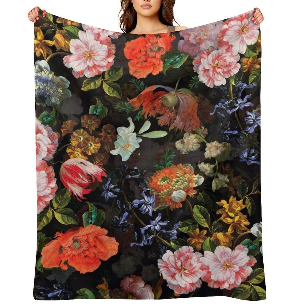 Antique Botanical Night Flower Botanical Night Garden I Throw Blanket Soft Thermal Summer Plaid Blankets