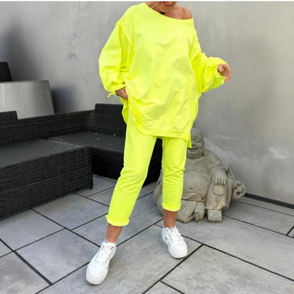 Neues lässiges einfarbiges Rundhals-Langarm-Top, sportliches und vielseitiges Hosen-Set für Damen XL gelb