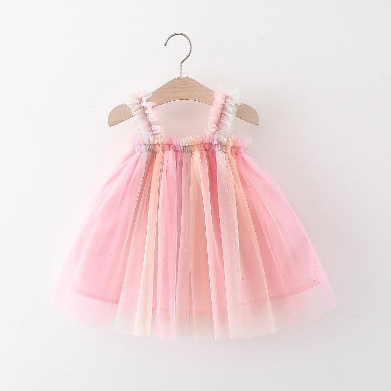 

Лето 2024, новое цветное сетчатое платье Sunrise для девочек, однотонная юбка на подтяжках в корейском стиле 80cm розовый