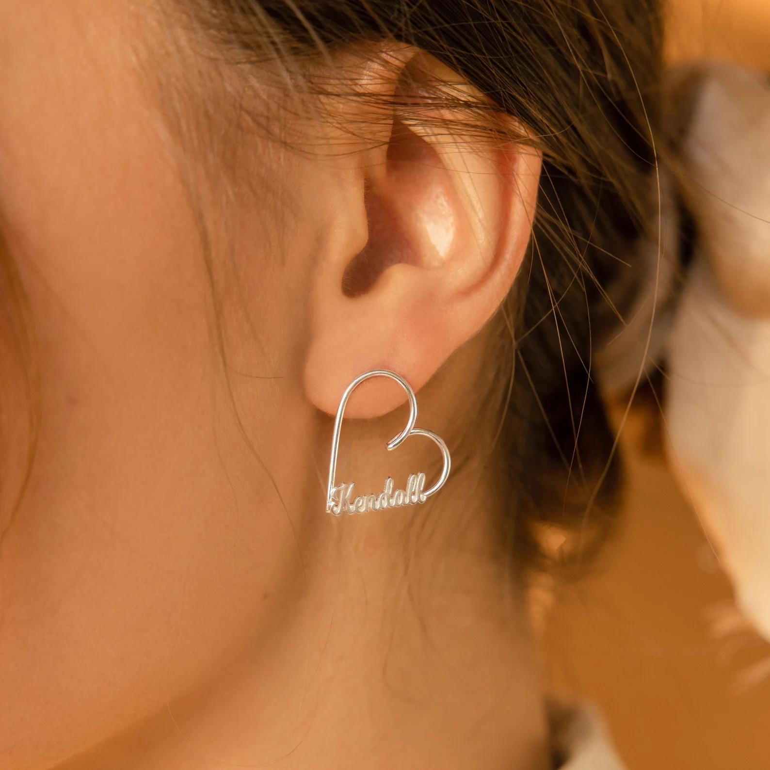 Personalized Custom Text 316 Stainless Steel Hoop Fashion Earrings DIY Heart-shaped Hypoallergenic Fade-resistant Design Craft серебряный