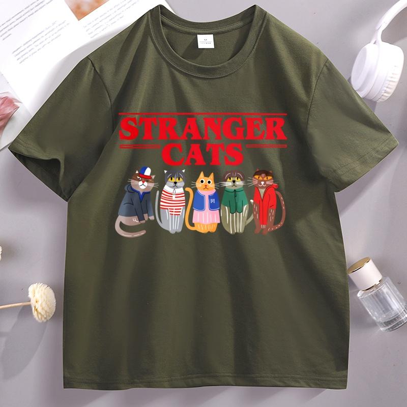 Stranger Cats T-Shirt Funny Printed Cotton Short Sleeve Loose Tee Shirt Soft High Quality O Neck Tshirt Breathable Casual Tops